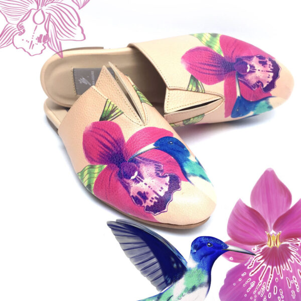 zapatos mules rosado orquídeas
